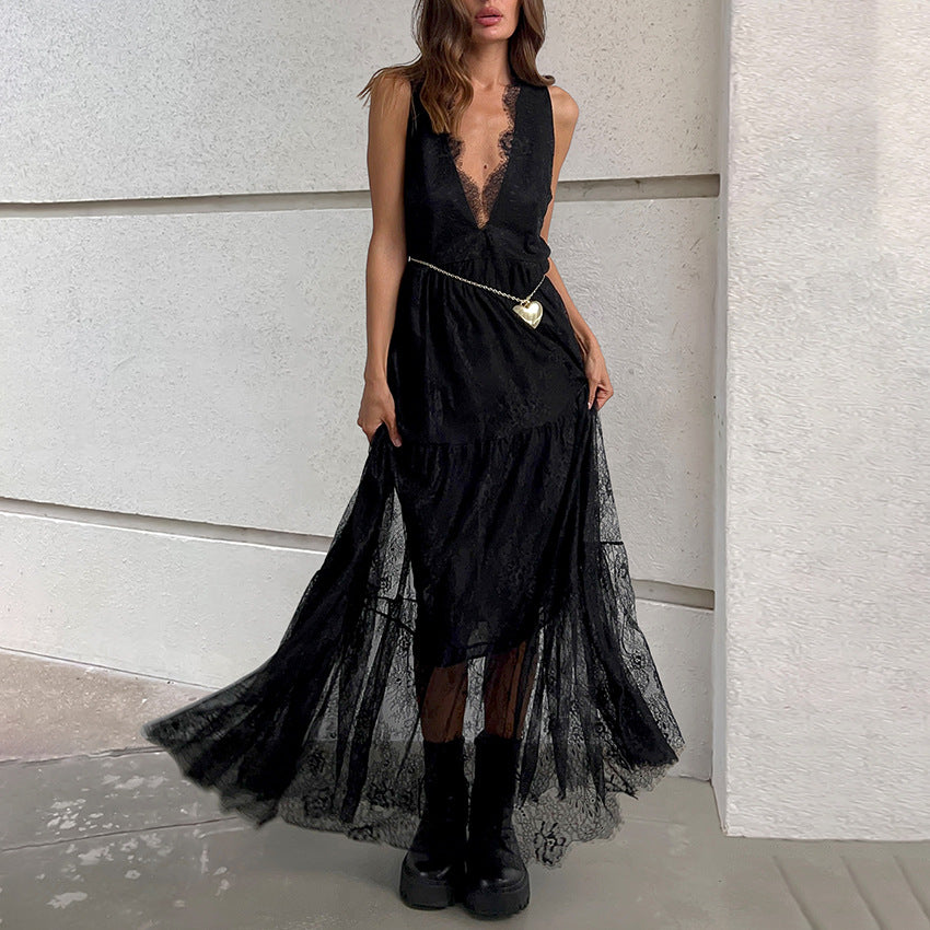 Sexy Black Brocade Lace Dress All Matching Sexy V-neck Loose Backless Women Dress FOREVEREIGHTEEN