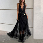 Sexy Black Brocade Lace Dress All Matching Sexy V-neck Loose Backless Women Dress FOREVEREIGHTEEN