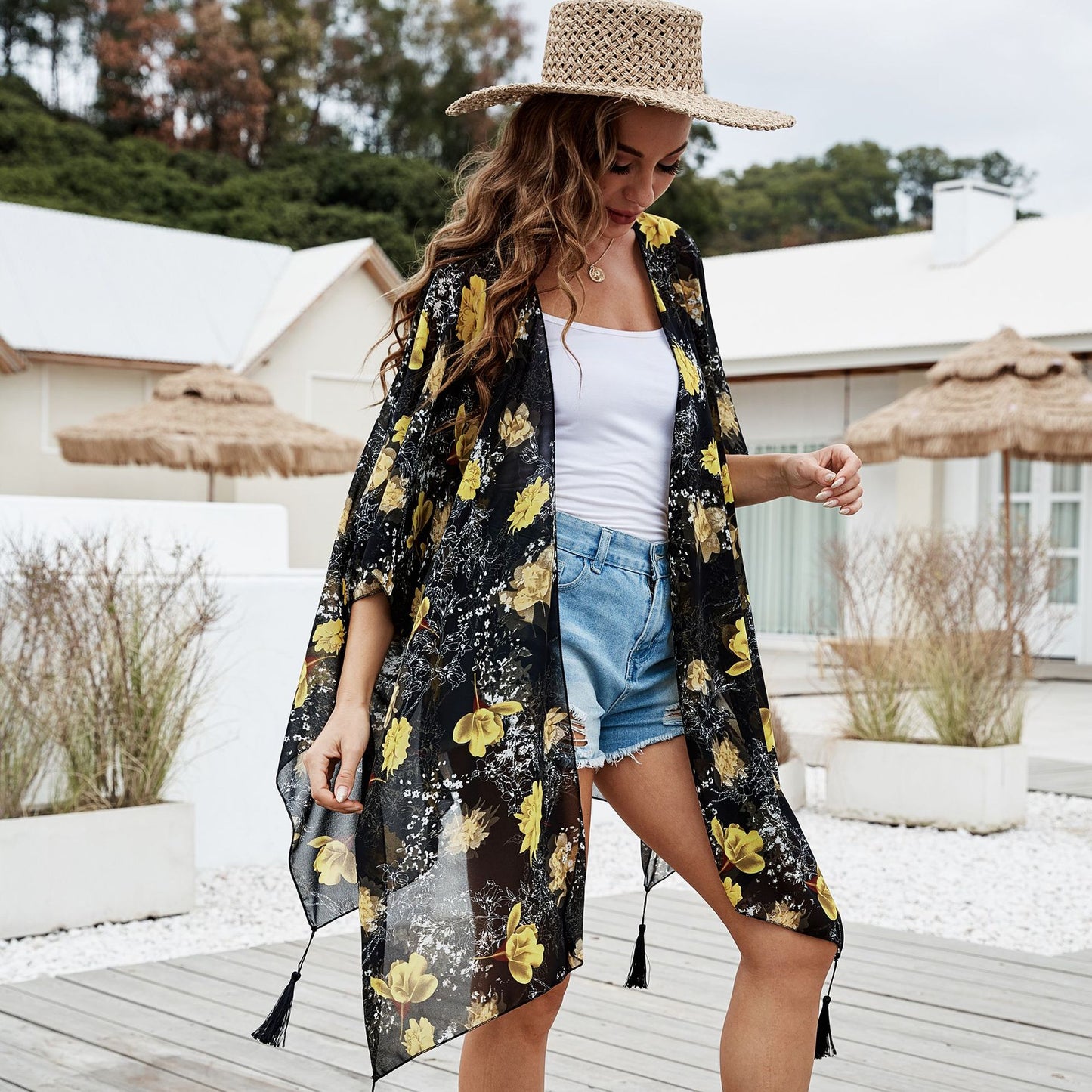 Summer Colorful Floral Print Tassel Sunshade Casual Sun Proof Sun Protection Clothing Mid Length Blouse