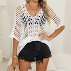 Blusa para mujer, para cubrir bikini, ropa de mujer, camisa tejida con aberturas y mangas murciélago, blusa informal holgada