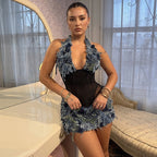 Fall Women Clothing Halter Backless Sexy V Sheer Mesh Stitching Hip Dress Dores