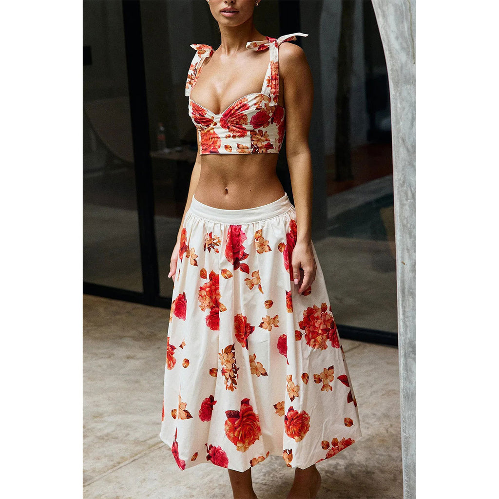Retro Printed Lace Band Tube Top Slip on Split Swimsuit Women Half Length Mesh Skirt Set Bikini Thunder