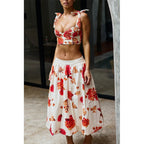 Retro Printed Lace Band Tube Top Slip on Split Swimsuit Women Half Length Mesh Skirt Set Bikini Thunder