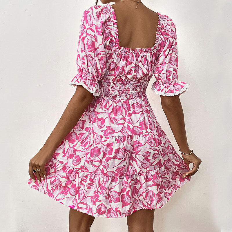 Summer A Line Puff Sleeve Women Short Sleeve Lace up Smocking Dress Jeme