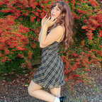 French Spring Sweet Fresh Plaid Strap Sexy Lace Stitching Dress A Line Dress LaceCH
