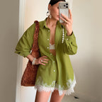 Retro Design Women Long Sleeve Collared Lace Stitching Shirt Shorts Casual Two Piece Sets FOREVEREIGHTEEN