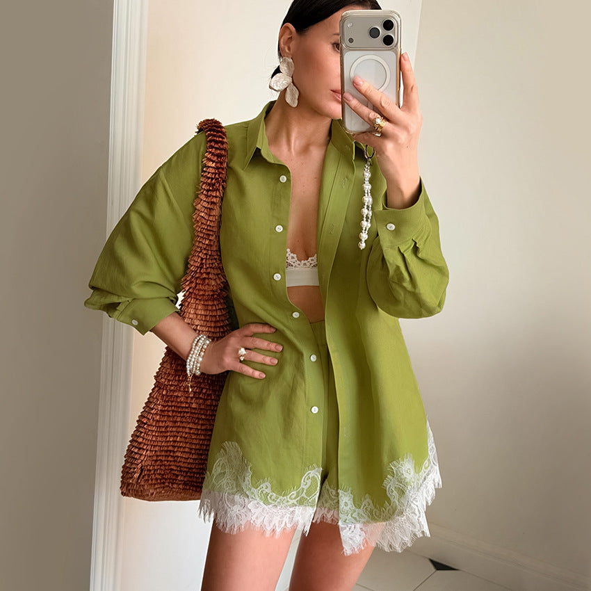 Retro Design Women Long Sleeve Collared Lace Stitching Shirt Shorts Casual Two Piece Sets FOREVEREIGHTEEN