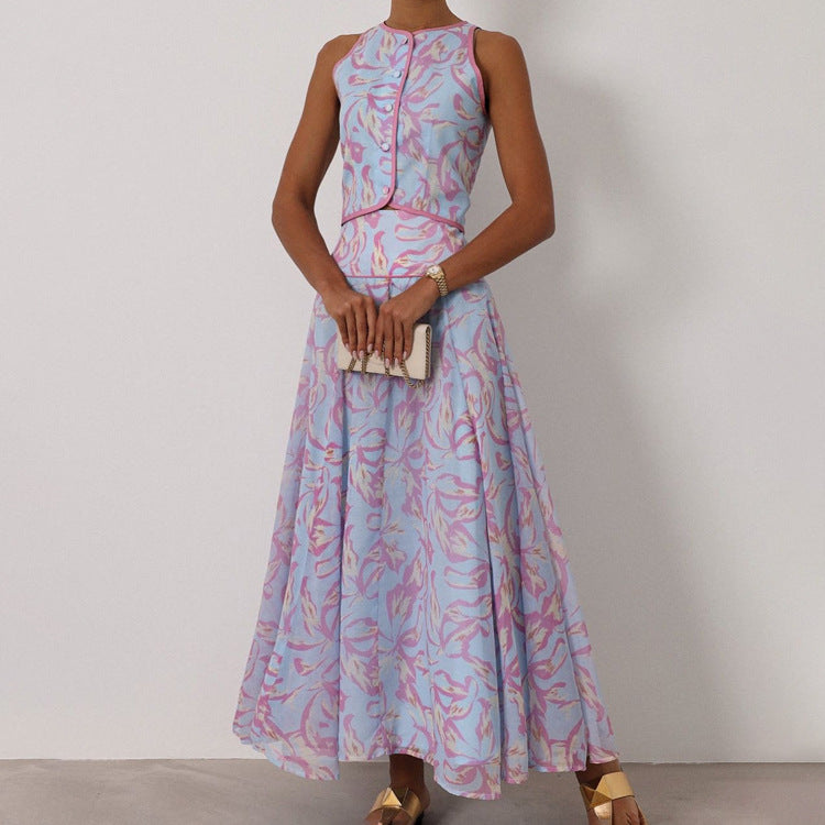 Summer Printed Skirt Set Women Arrival round Neck Sleeveless Cardigan Top Skirt Two Piece Set Commuting Kigali