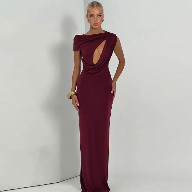 French Hollow Out Cutout Sheath Sleeveless Elegant Sexy Dress Summer Slim Solid Color Maxi Dress BULLINGER