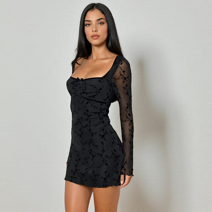 Robe d'automne sexy à manches longues et taille cintrée et col pêche