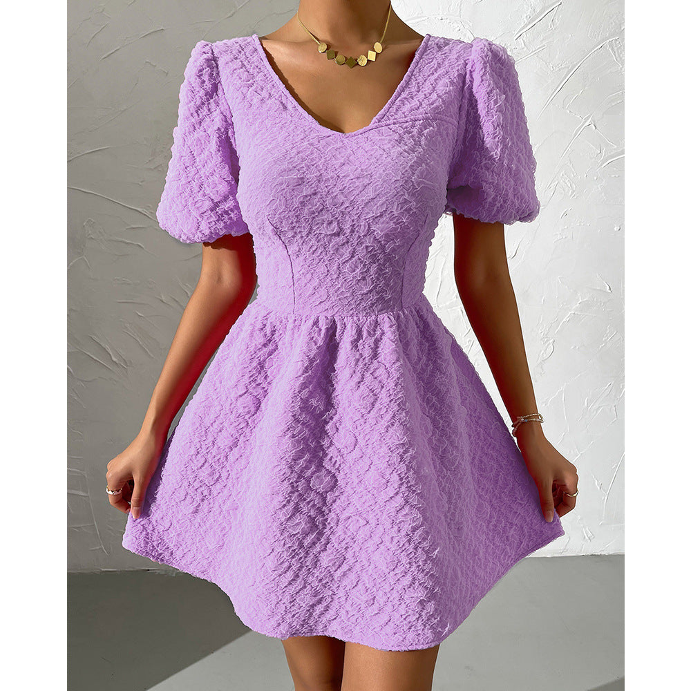 Summer Women Clothing Solid Color V neck Puff Sleeve Short Sleeve Dress for Women EBELIAN