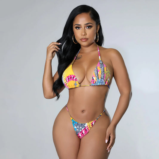 Conjunto de bikini de tres piezas con cordones y estampado sexy para mujer de verano