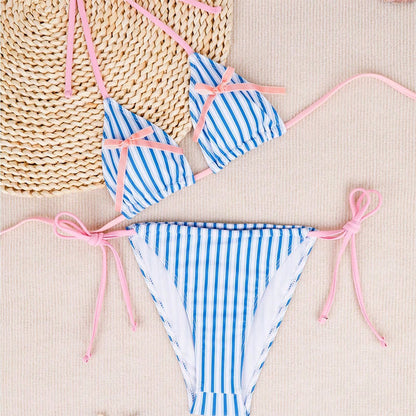 Women Sexy Backless Striped Bikini Deep V Plunge Three Point Bikini Split Swimsuit
