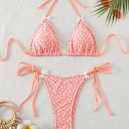 Traje de baño floral con lazo dividido Bikini sexy con cordones Traje de baño para mujer