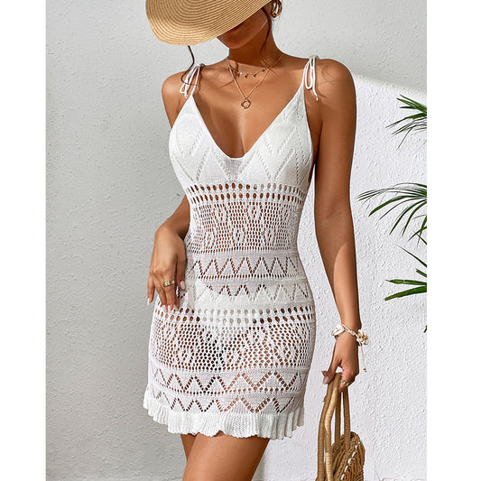 Women Clothing Short Knitted Sling Deep V Plunge See through Sexy Hollow Out Cutout Floral Hem Jumpsuit Knitted Beach Dress Crochet hook
