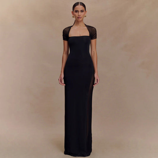 Summer Sexy Tight Waist See through Maxi Dress Elegant Shoulder Baring Solid Color Dress Women Clothing