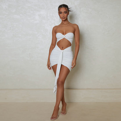 Sexy Tube Top Dress Summer Sexy Party Hollow Out Cutout Out Solid Color Sheath Short Dress