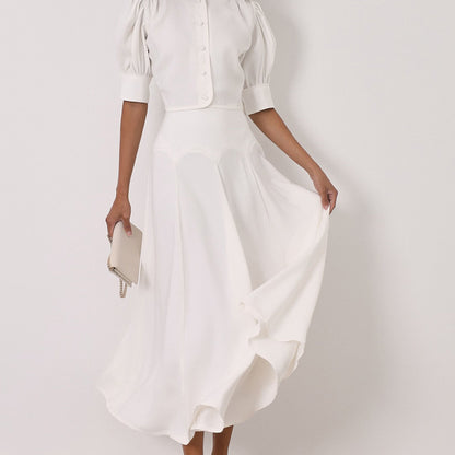 Women Clothing Satin High Grade Skirt Set round Neck Short Sleeve Cardigan Top Elegant Two Piece Set