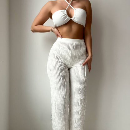 Conjunto de bikini de tres piezas con cuello halter y pantalones de tela de hilo de color sólido, traje de baño sexy