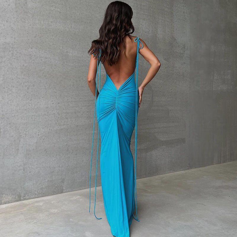 Vestido largo elegante con tirantes finos, plisado, sin espalda, sexy, de color sólido para mujer