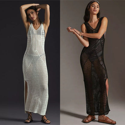 Knitted Beach Cover-up Sexy Hollow Out Cutout Split Vacation Skirt Dress Bikini Cover