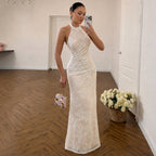 French Elegant Lace Stitching Ruffle Fitted Waist Backless Halter Dress Sexy Slim Vest Maxi Dress for Women LingSharp
