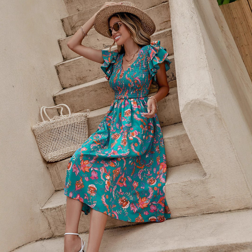 Women Clothing Dress Spring Summer Floral Print V neck Short Sleeve Waist Controlled Dress EaseMI