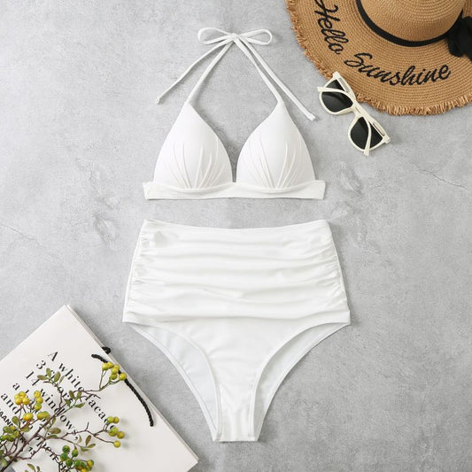 Bikini de color sólido con cordones y triángulo, traje de baño sexy dividido, traje de baño plisado para mujer