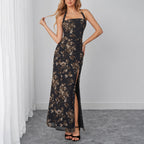 Summer Mesh Halter Tied Dress Dignified Goddess Tight Waist Slim Tall Looking Split Printed Dress SUNSHINE