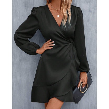 V neck Dress Satin Waist Tight Low Cut Casual Midi Dress Sweet Women Clothing