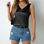 Débardeur en satin pour femme, col V, style décontracté, idéal pour le printemps et l'été.