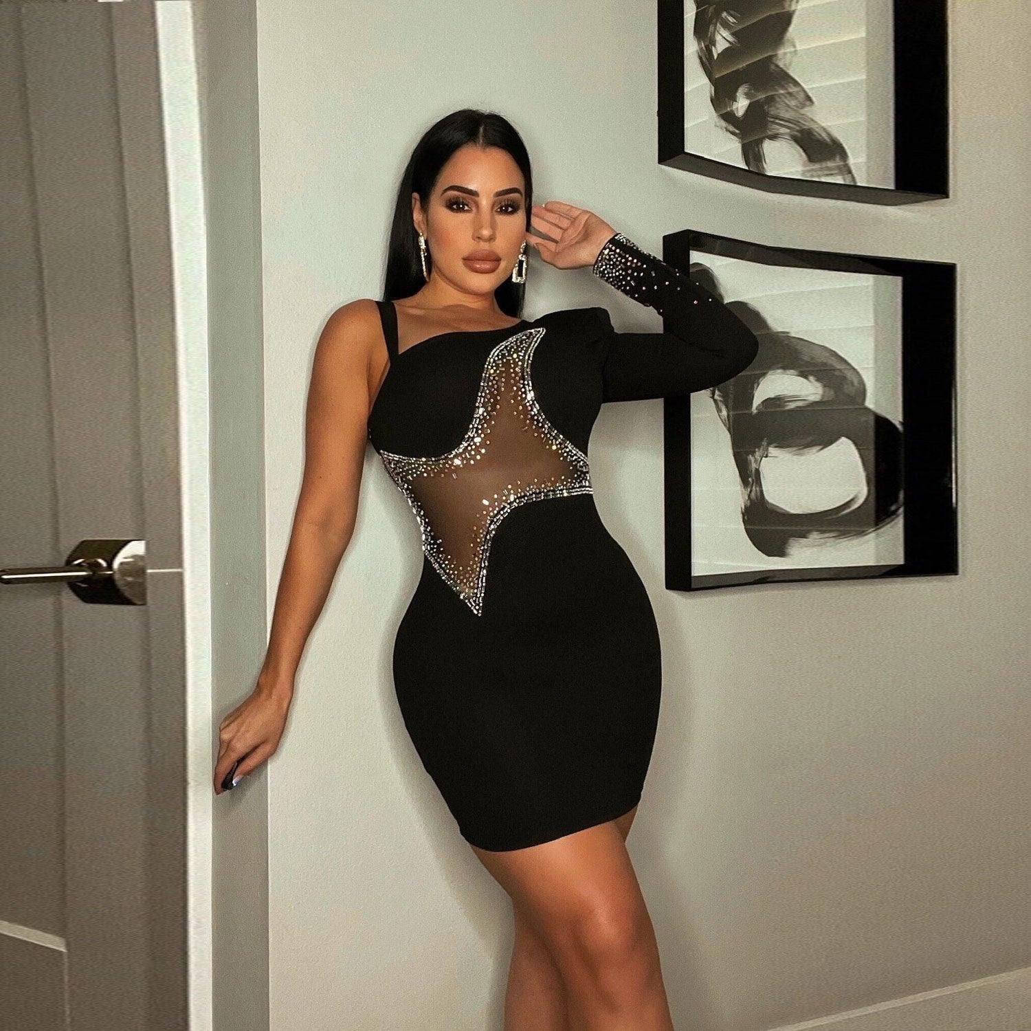 Sexy Slim-Fit Mesh Rhinestone Dress Nightclub WINNIEYA