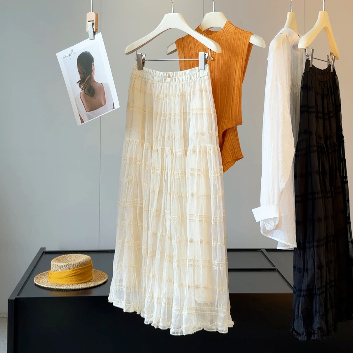 French Wooden Ear Embroidery Mesh Women Summer Elegant Slimming A line Mid Length Tiered Skirt Sunnygrace