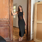 Summer Elegant Low Waist Lace Knitted See through Waist Baring Slim Fit Sleeveless Dress for Women FOREVEREIGHTEEN