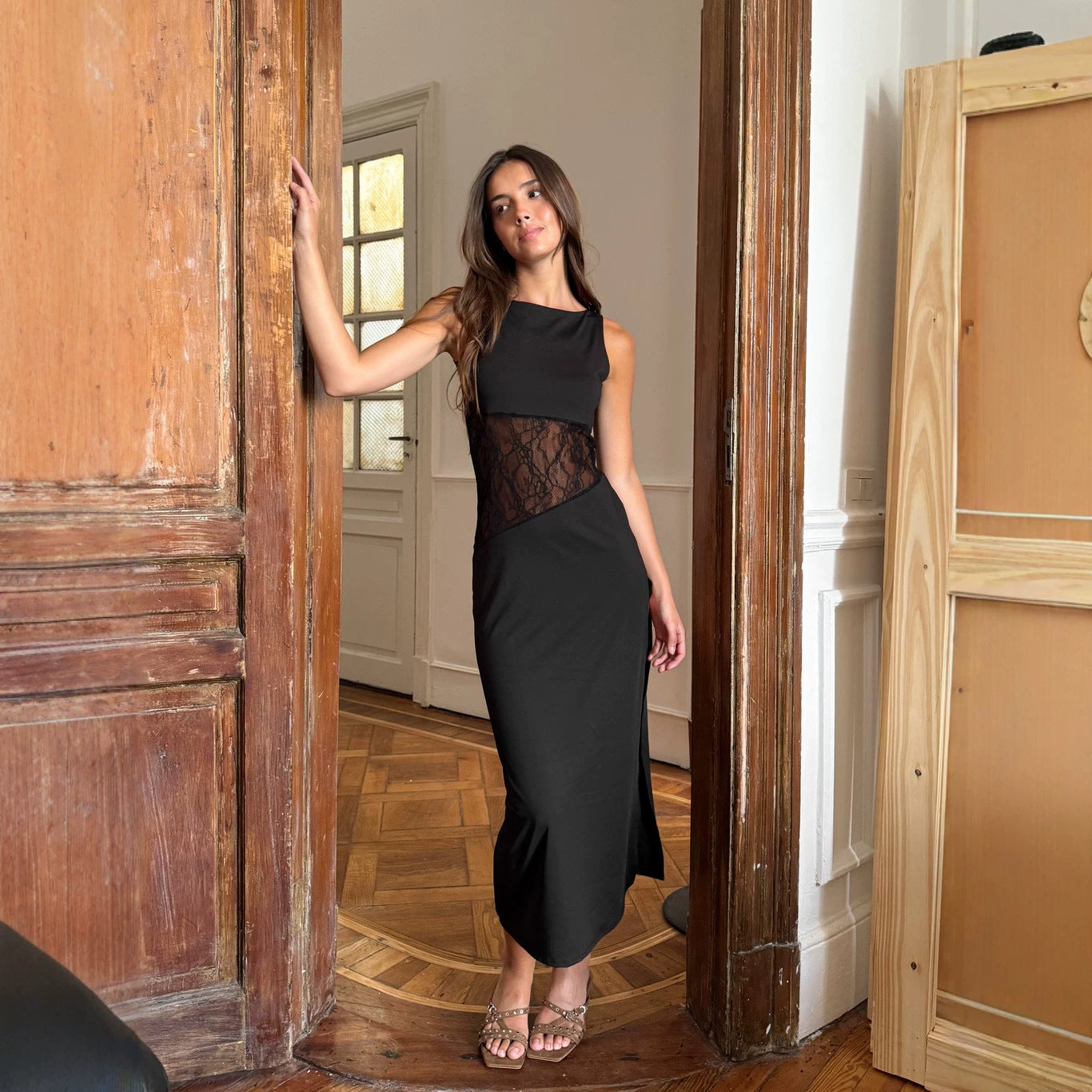 Summer Elegant Low Waist Lace Knitted See through Waist Baring Slim Fit Sleeveless Dress for Women FOREVEREIGHTEEN