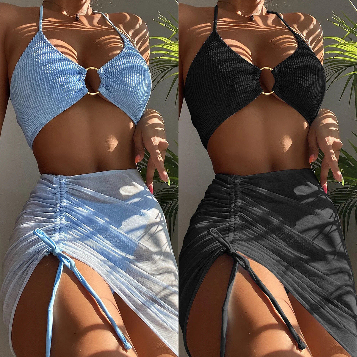 Traje de baño de tres piezas para mujer, traje de baño de color sólido con cordón y encaje, traje de bikini sexy
