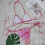 Bikini de diamantes de cristal con tirantes bronceados sexy para mujer, traje de baño dividido