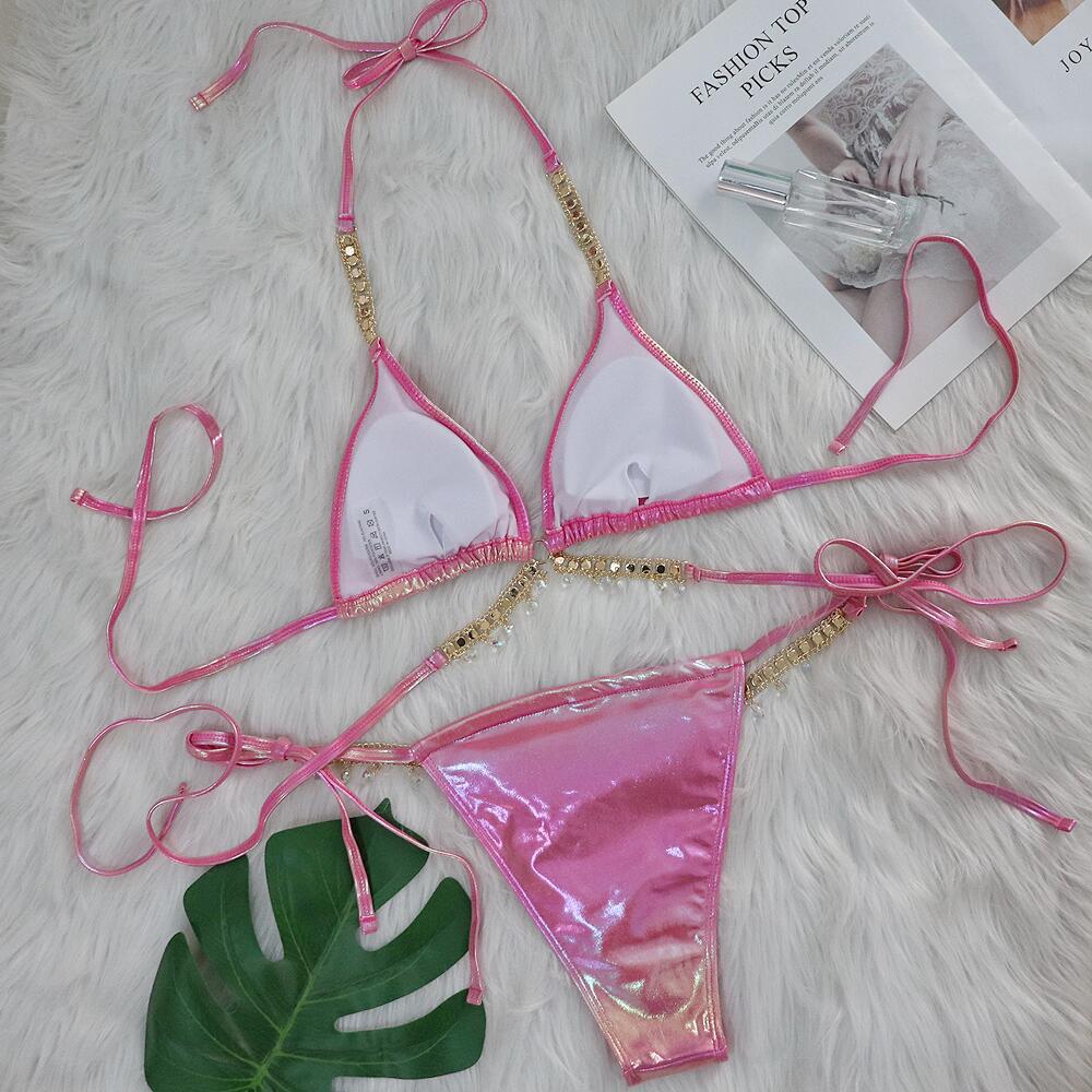 Bikini de diamantes de cristal con tirantes bronceados sexy para mujer, traje de baño dividido