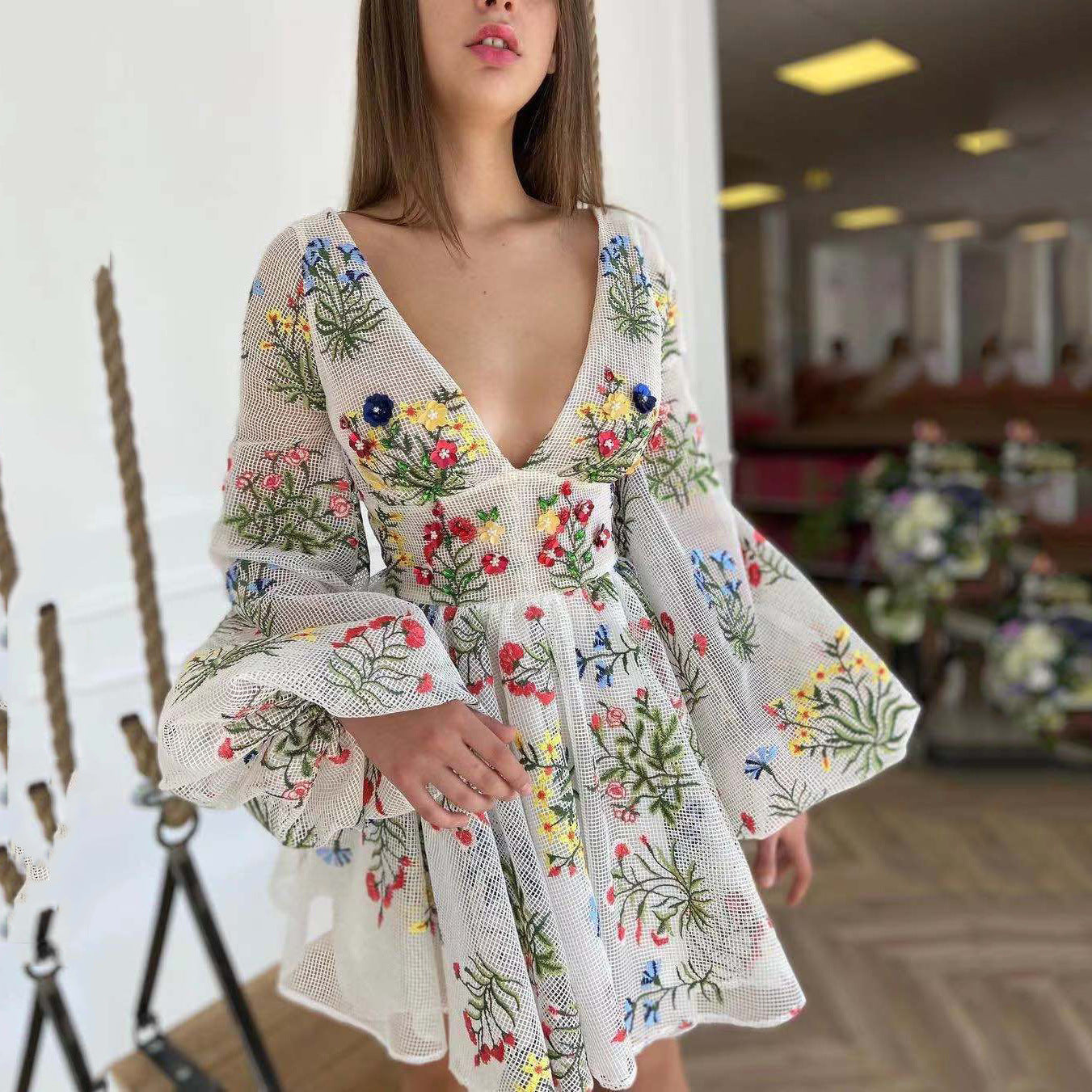 Robe d'été brodée en maille pour femme, tenue de fée à manches lanternes, tenue de fête d'anniversaire