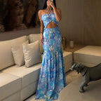 Spring Summer Halterneck Printed Pleated Dress Casual Loose Vacation Dress Oyrina