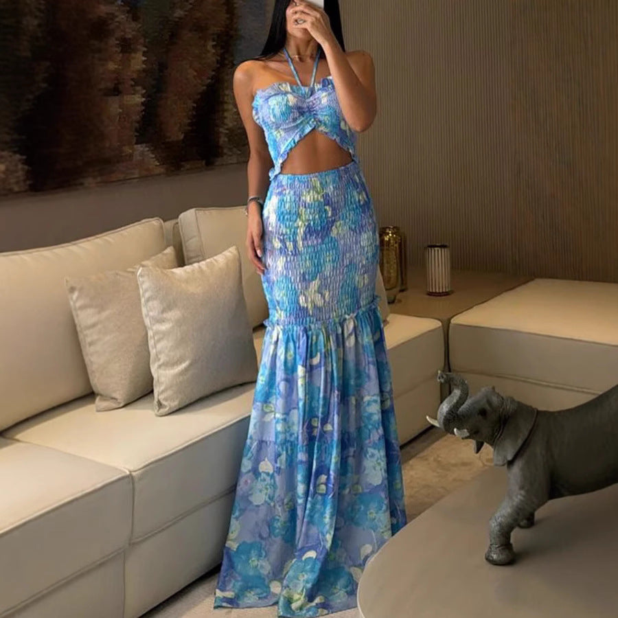 Spring Summer Halterneck Printed Pleated Dress Casual Loose Vacation Dress Oyrina