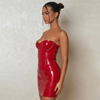 Vestido tubo de cuero con escote en V profundo y espalda descubierta para otoño, vestido sexy de mujer con cintura recortada
