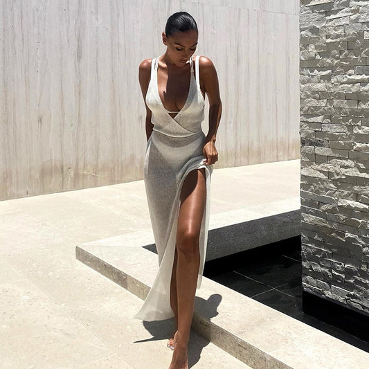 Sexy V neck Backless Lace up See through Beach Dress Bikini Smock Dress Strap Dress for Women Crochet hook Crochet hook Crochet hook