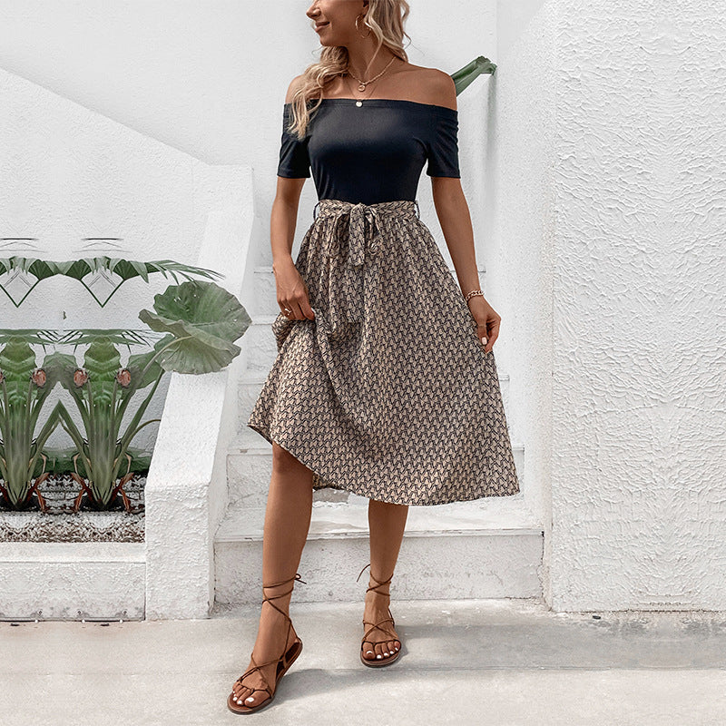 Summer Women Clothing off Shoulder Color Matching Dress HUNDRED