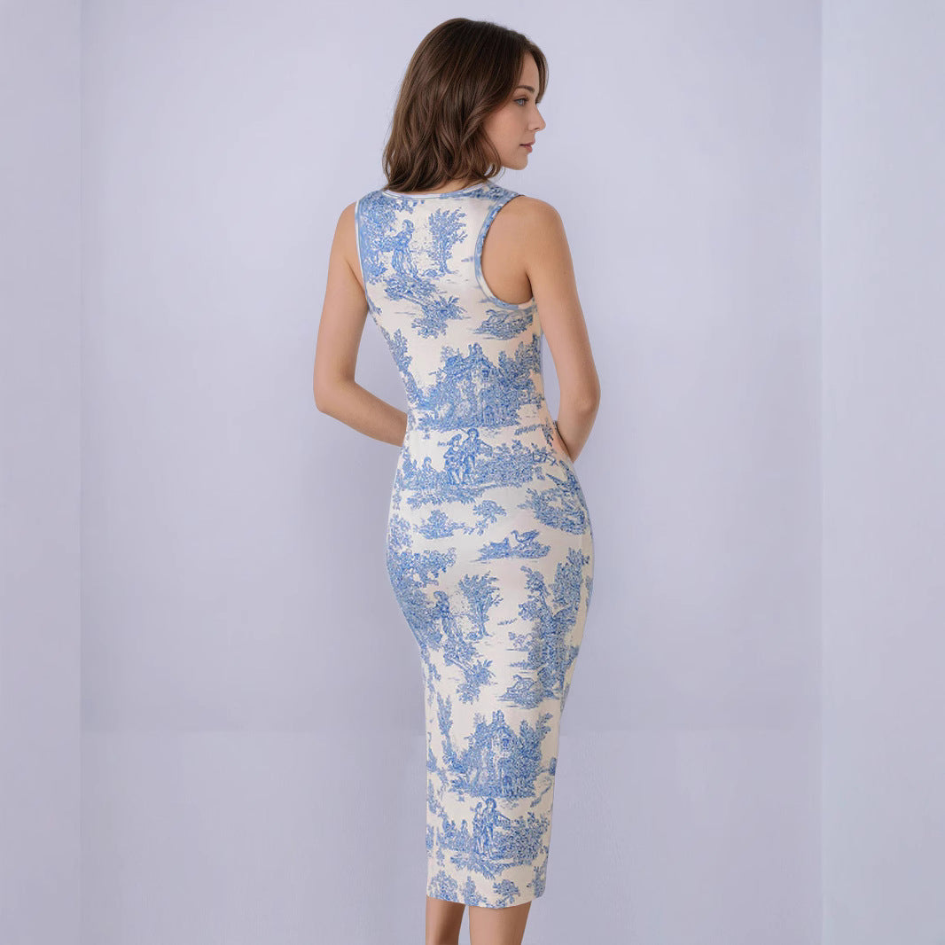 Summer Fresh Maxi Dress Square Collar Slimming Side Slit Sling Dress George