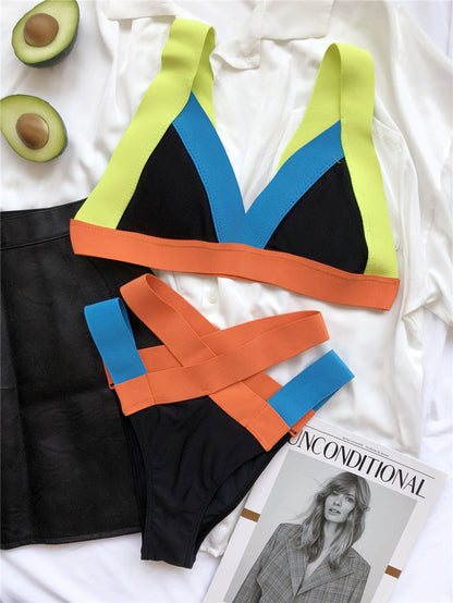 Bikini de vendaje de color sexy muy elástico traje de baño de color de contraste traje de baño de bolso de triángulo