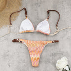 Adjustable Shoulder Strap Low Waist Briefs Bikini Sexy Stripes Printed Split Swimsuit Women Thunder