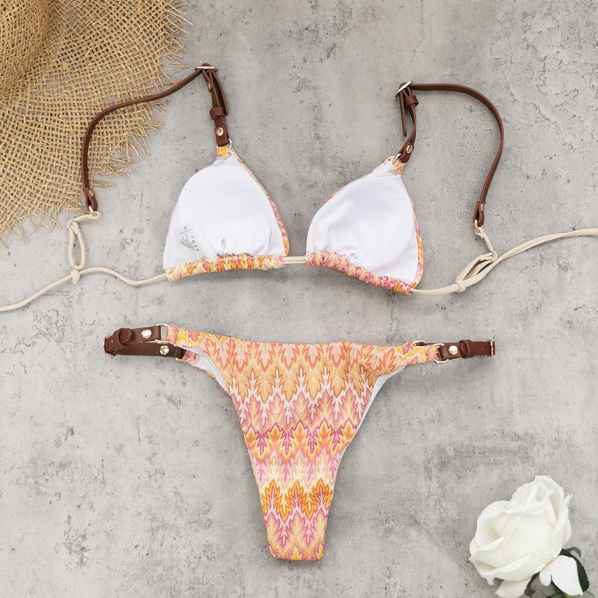 Adjustable Shoulder Strap Low Waist Briefs Bikini Sexy Stripes Printed Split Swimsuit Women Thunder
