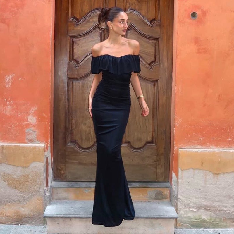 Women Clothing Summer Tube Top off Shoulder Fashionable Pleated Waist Slimming Dress Flash Vision