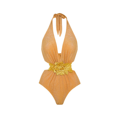 Golden Bright Surface One Piece Swimsuit Women Halter Deep V Plunge Strap Simple Sexy